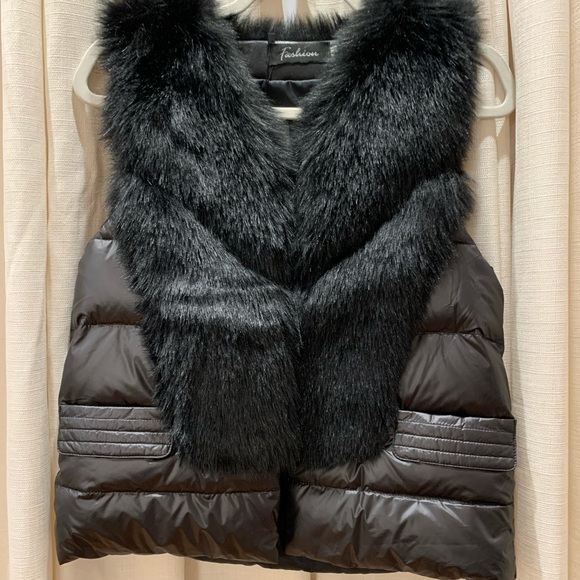 Faux Fur Winter Puffer Vest- Black - Picture 5 of 5